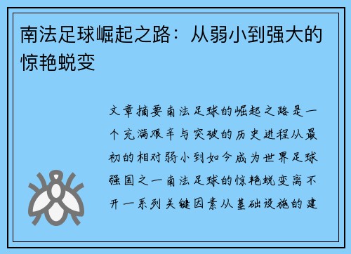 南法足球崛起之路：从弱小到强大的惊艳蜕变