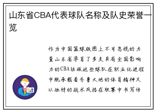 山东省CBA代表球队名称及队史荣誉一览